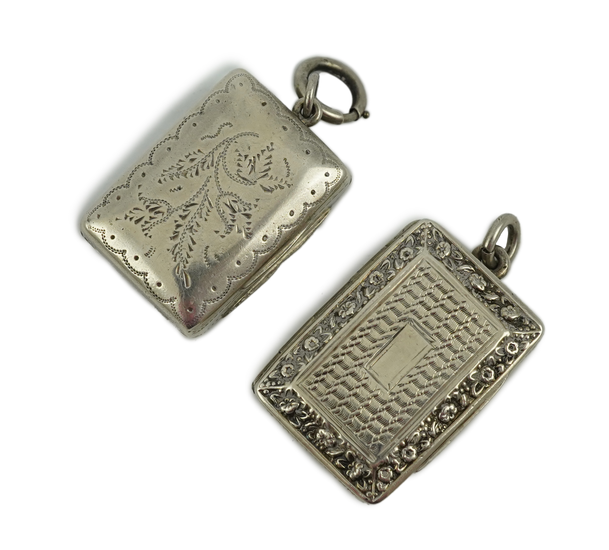 A George IV engraved and embossed silver rectangular vinaigrette by John Bettridge, Birmingham, circa. 1825, 32mm and a William IV vinaigrette by Thomas Simpson Jn. Birmingham, 1836.